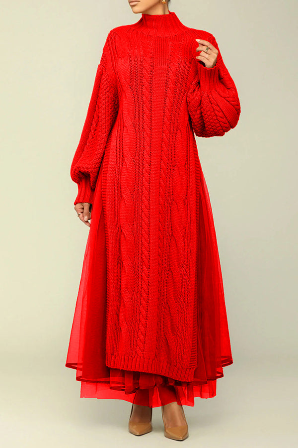 Stylish Cable Knit Splicing Mesh Dress