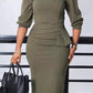 Elegant Solid Lantern Sleeve Midi Dress