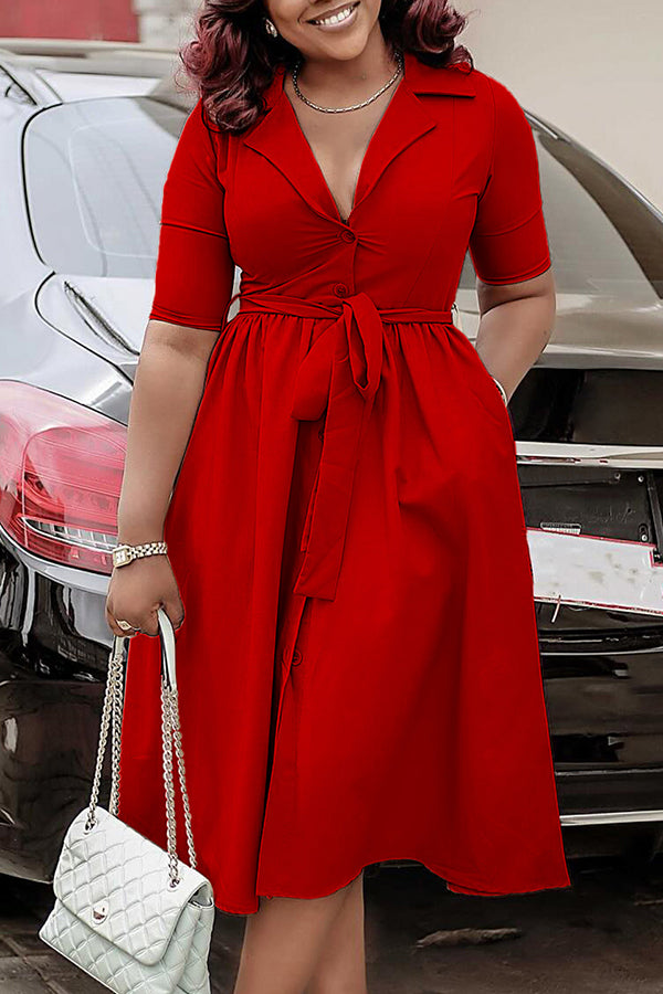 Elegant V-Neck Belted Midi Dress