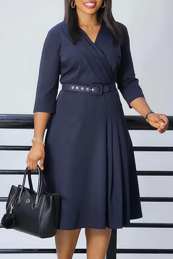 Elegant Pleated Belted Midi Dress