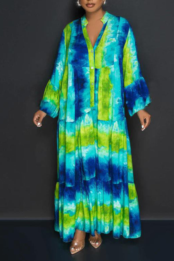 Stylish Allover Print Ruffle Hem Maxi Dress