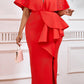 Beads Decor Ruffle Side Slit Evening Dress