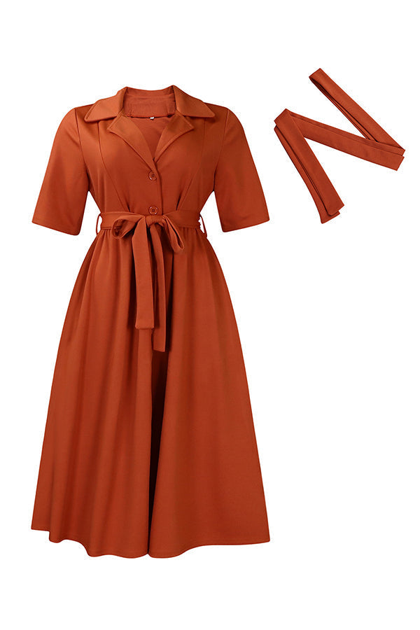 Stylish Lapel Button Down Belted Dress