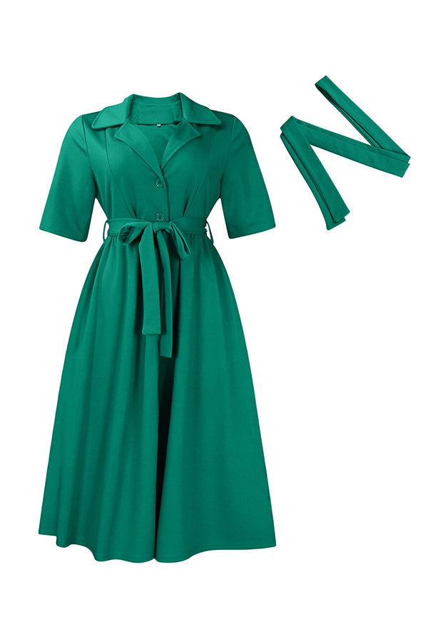 Stylish Lapel Button Down Belted Dress