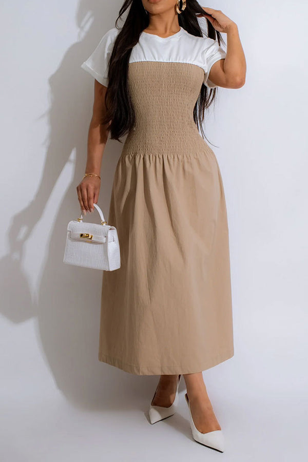 Two Tone Short Sleeve Shirred Dress