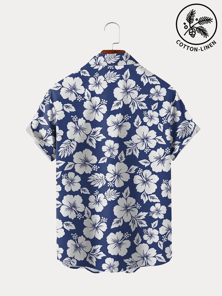 Hawaiian Flower Printed Cotton Linen Holiday Shirt