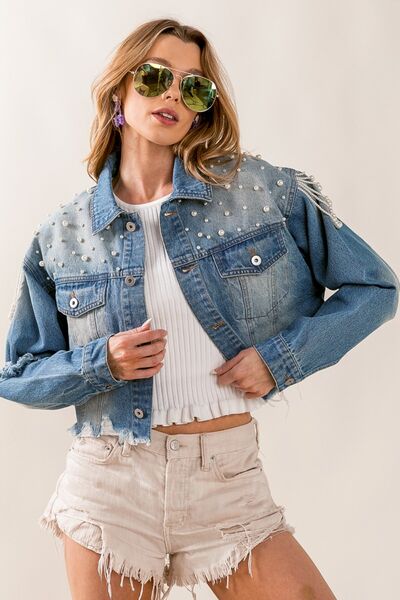 PEARL DISTRESSED CROPPED DENIM JACKET