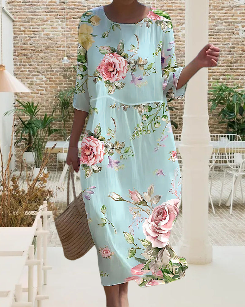 Elegant floral print crew neck dress