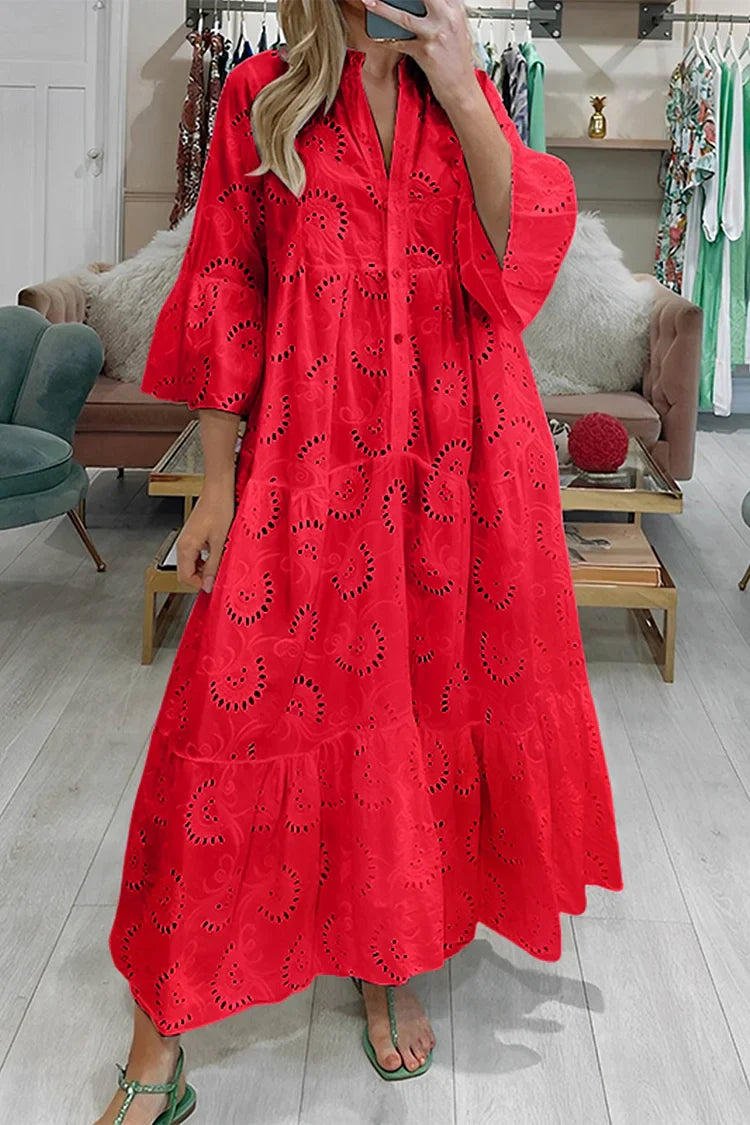 EMMA | V-NECK FLARE SLEEVE EMBROIDERED COTTON DRESS