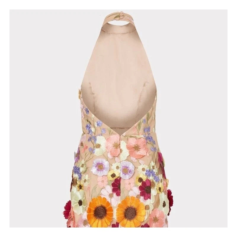 GARDEN HALTER 3D FLORAL MINI DRESS