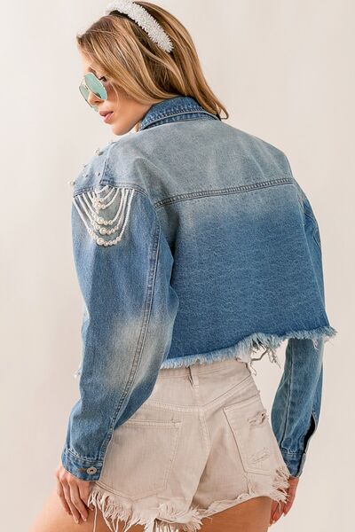 PEARL DISTRESSED CROPPED DENIM JACKET