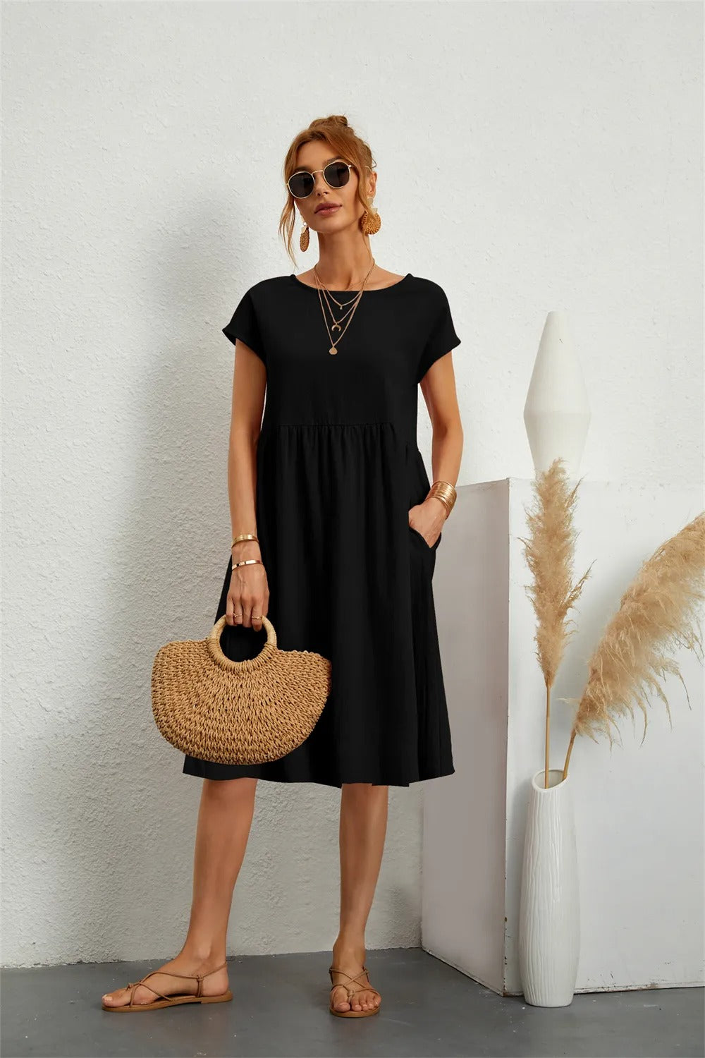 Moda - O-Neck Casual Loose Fit Dress