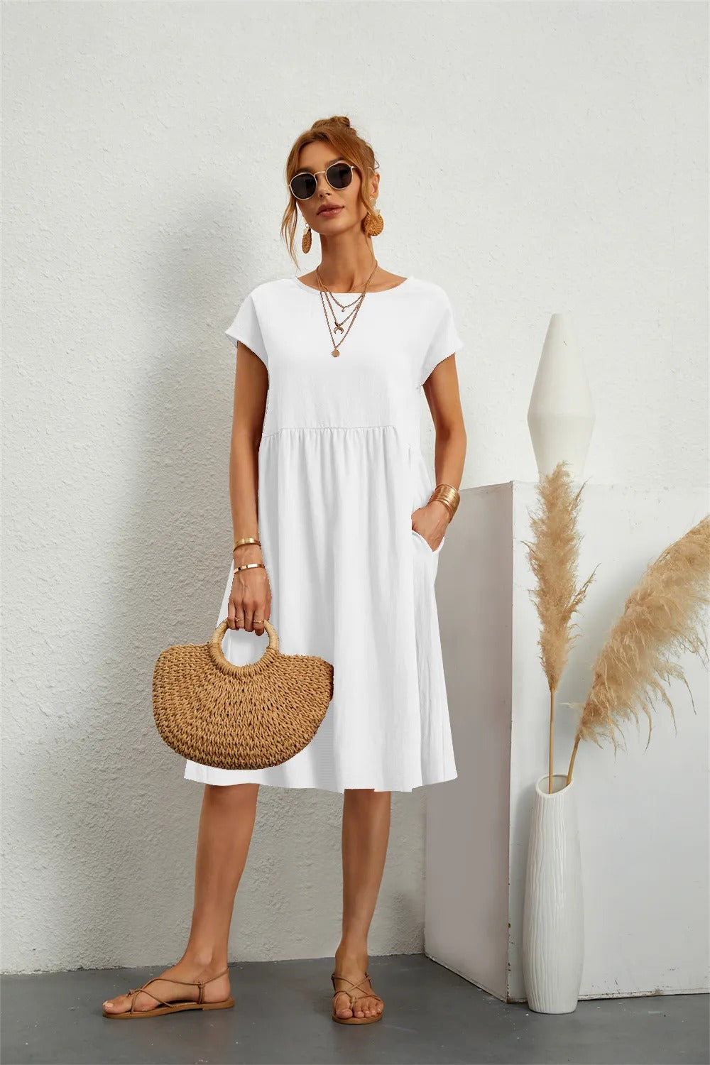 Moda - O-Neck Casual Loose Fit Dress