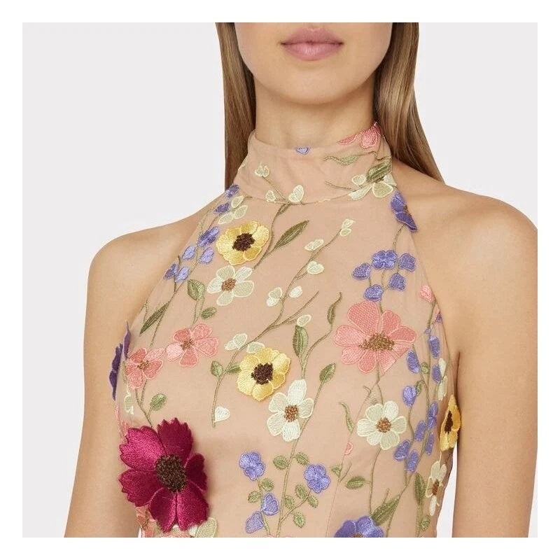 GARDEN HALTER 3D FLORAL MINI DRESS