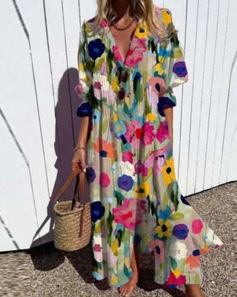 V-neck colorful printed long dress