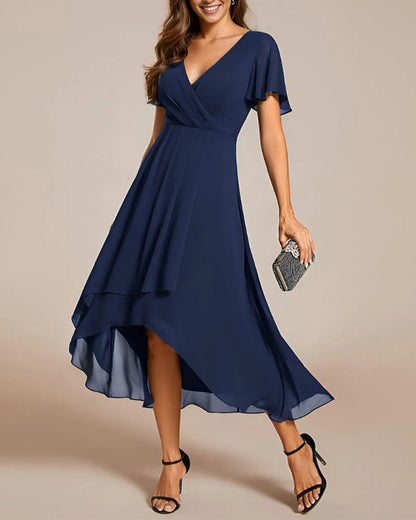 V-neck ruffled short-sleeved dress