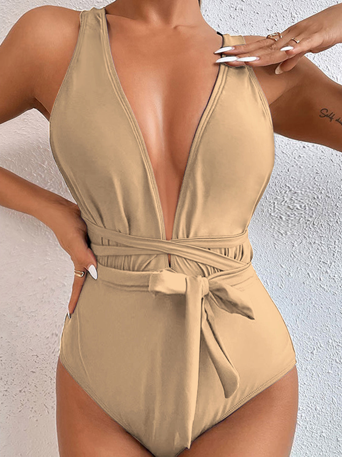 TIED CRISSCROSS ONE-PIECE SWIMSUIT