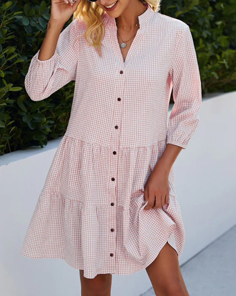 Stand Collar Plaid Print Dress