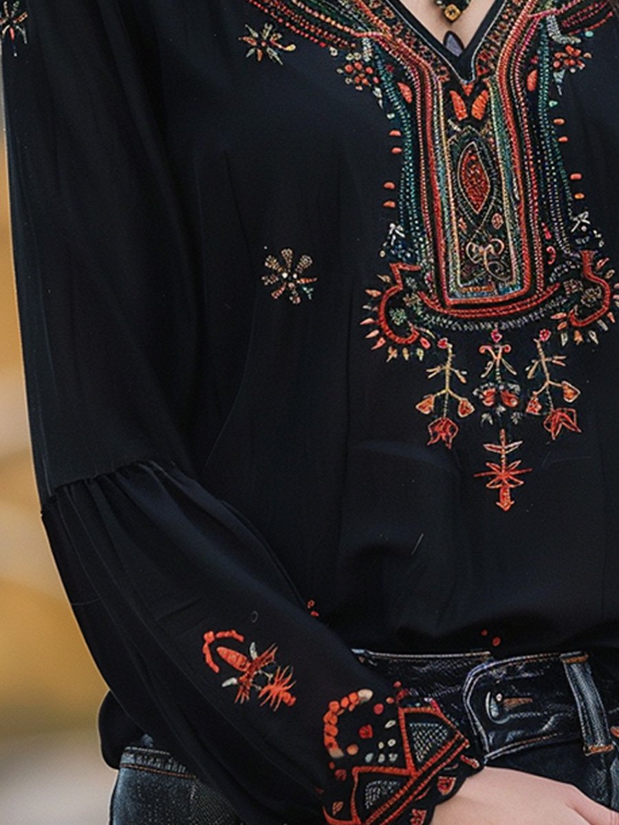 Embroidered V-neck Everyday Top