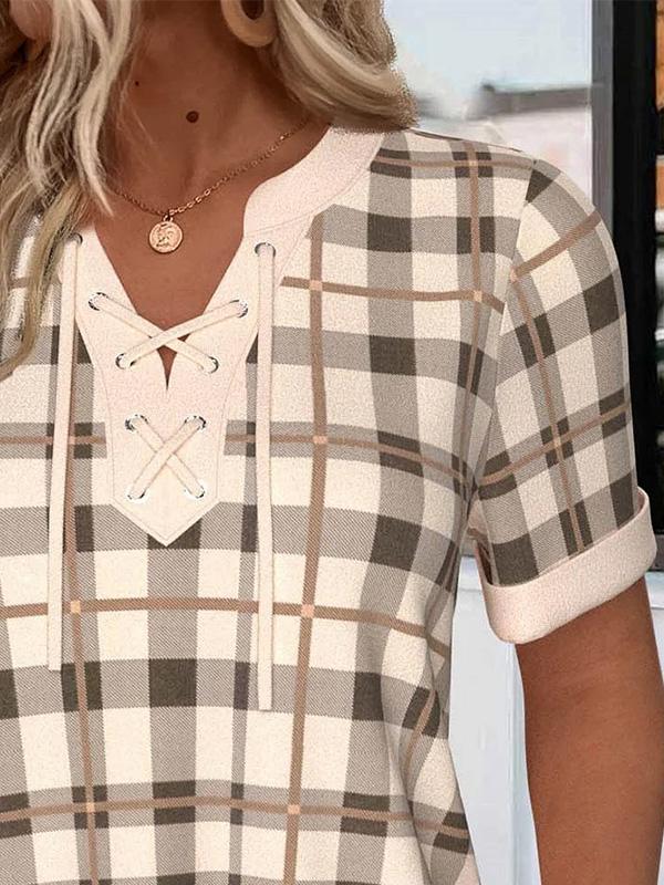 V-neck Plaid Tie Short Sleeve Top