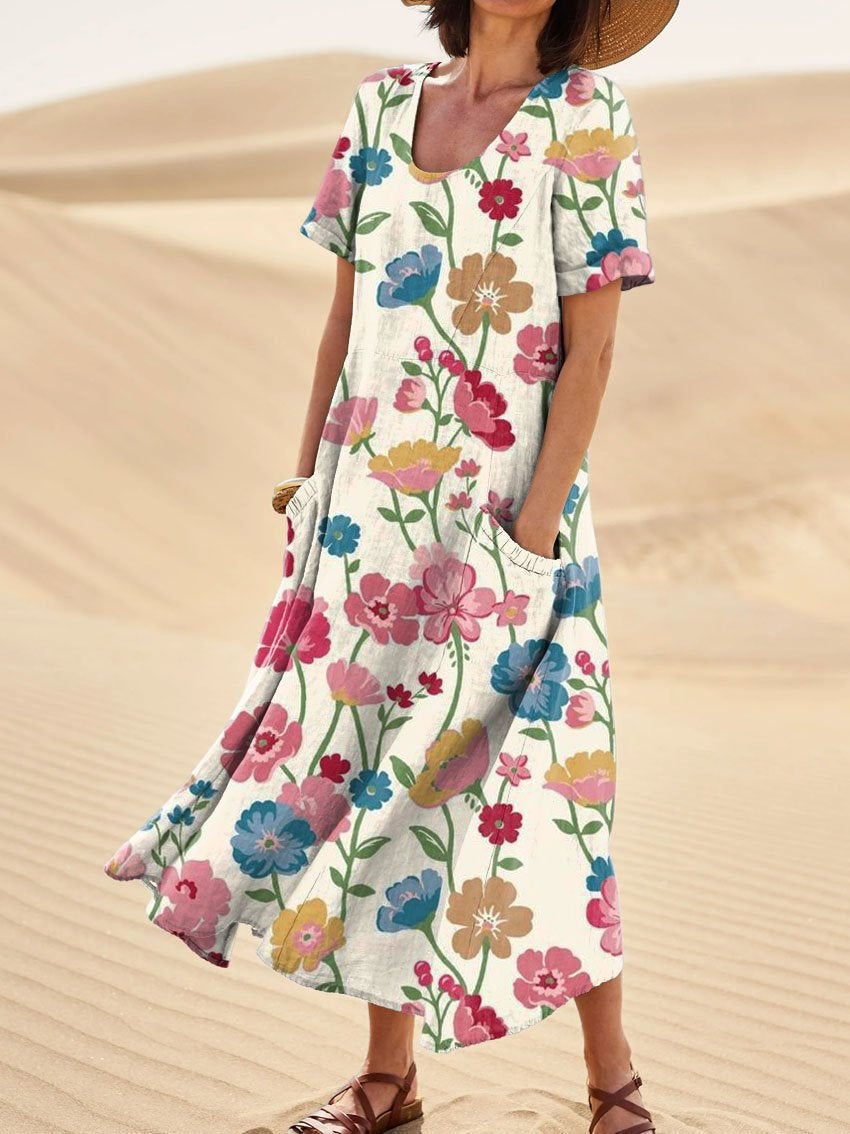 Women's Elegant Flowers Art Print Casual Linen Pocket Dress