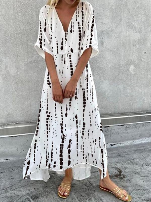 V-neck Printed Full Skirt Maxi Dress