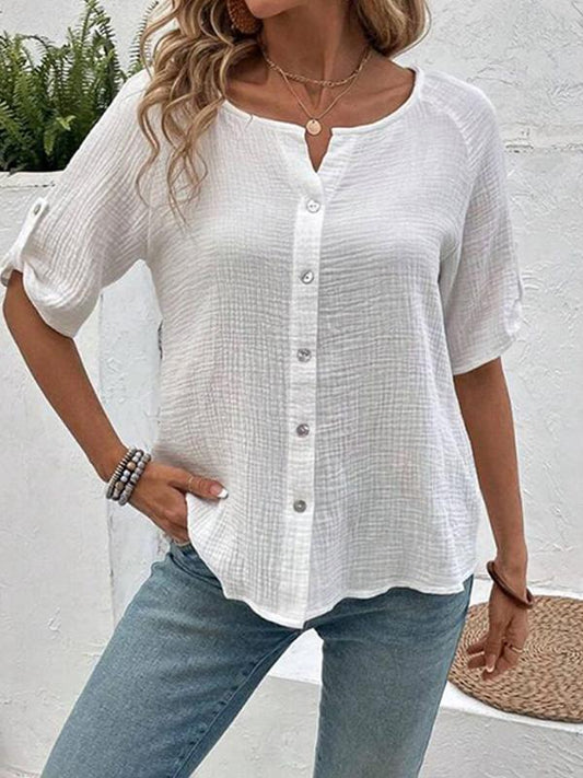 Stylish Solid Color Short Sleeve Button Up White Shirt