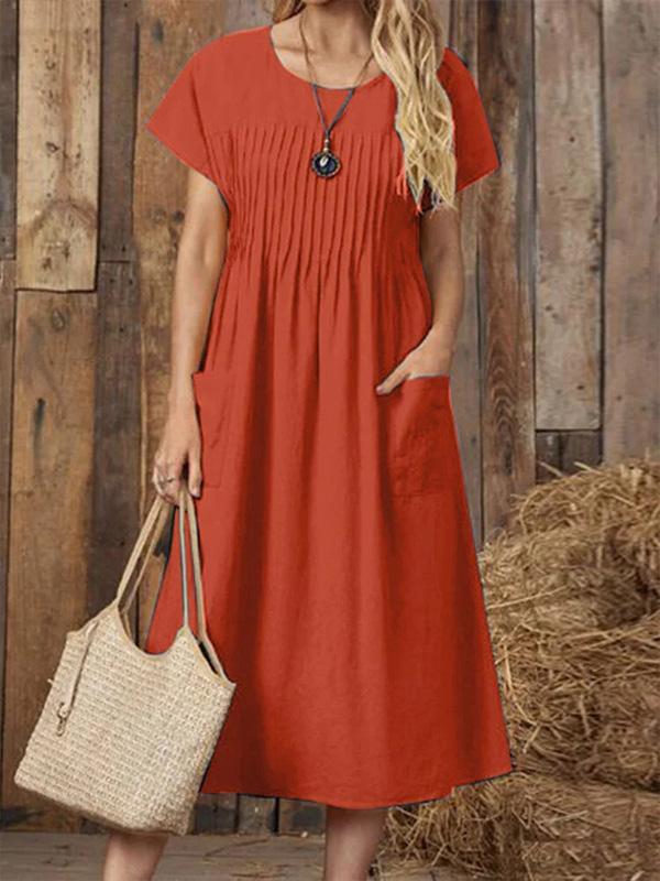 Cotton and Linen Comfortable Round Neck Pocket Loose Dress