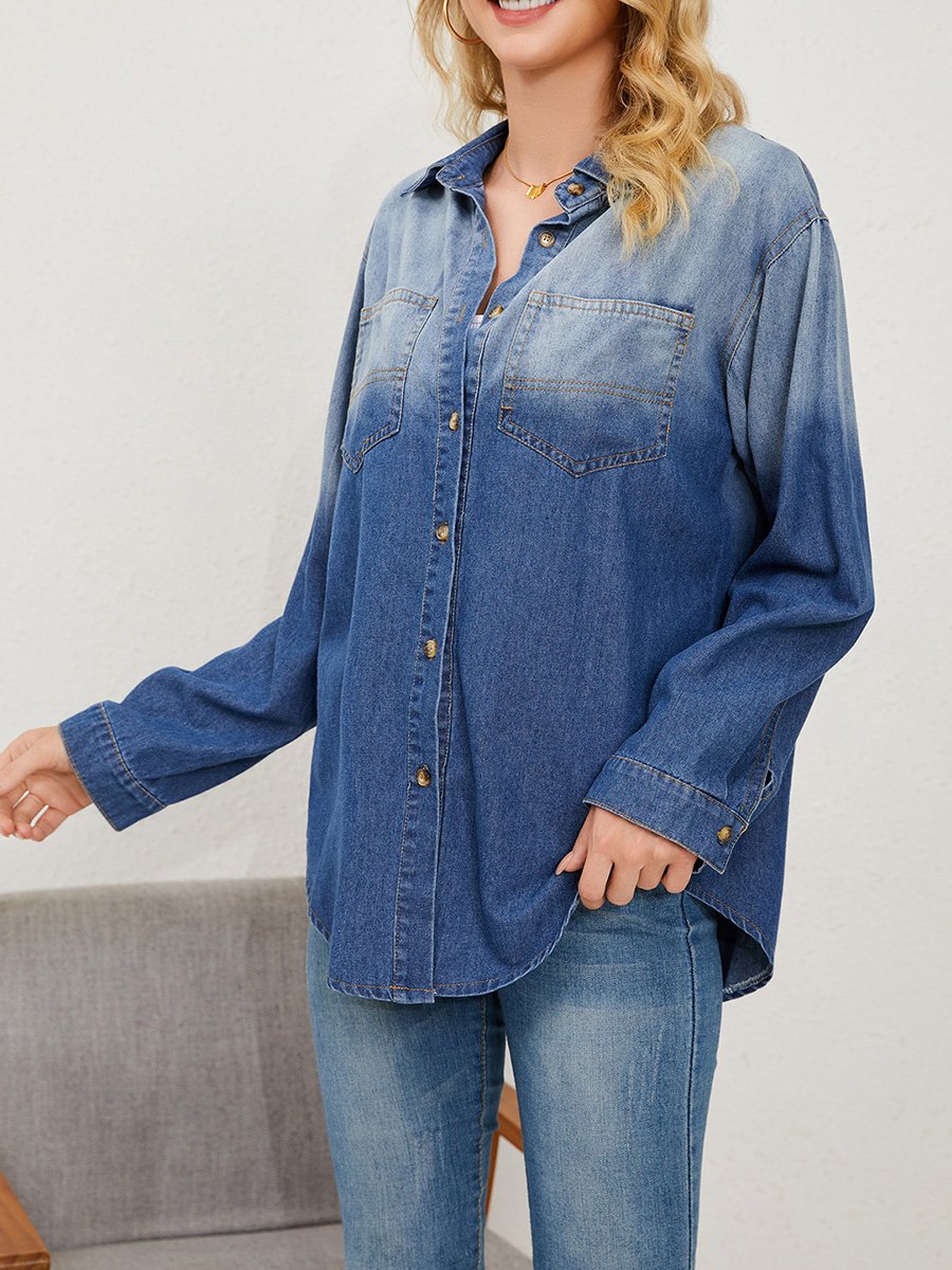 Simple Gradient Stand Collar Single-breasted Denim Shirt