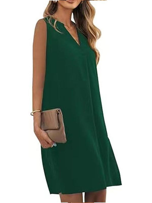 Sleeveless V-neck Loose Solid Color Short Dress