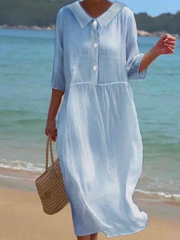 Pure Cotton Lapel Everyday Versatile Mid-length Dress