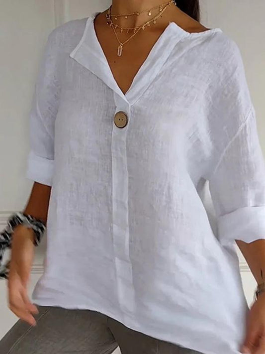 V-neck Cotton and Linen Buttoned Loose T-shirt