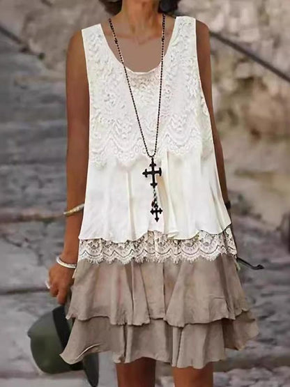 White Lace Ruffle Holiday Casual Round Neck Sleeveless Mini Dress