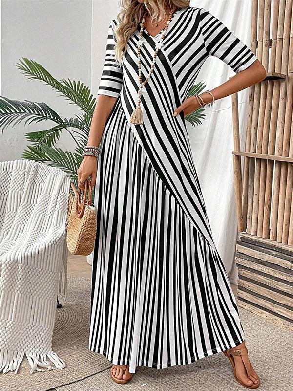 Casual Black and White Color Block V-neck Dress