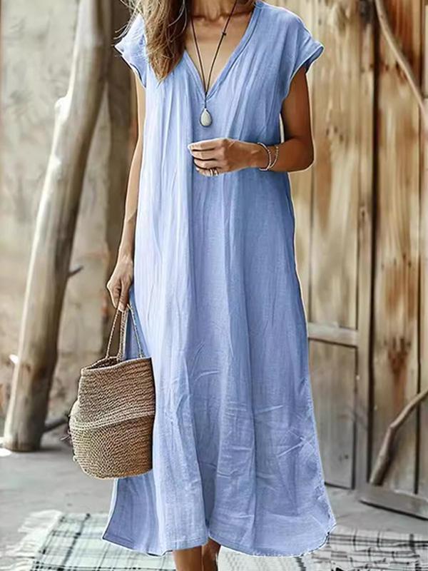 Cotton and Linen Solid Color V-Neck Midi Dress