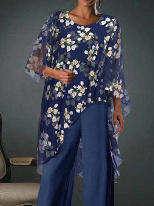 Printed Loose Chiffon Mid-sleeve Round Neck Casual Wide-leg Pants Suit