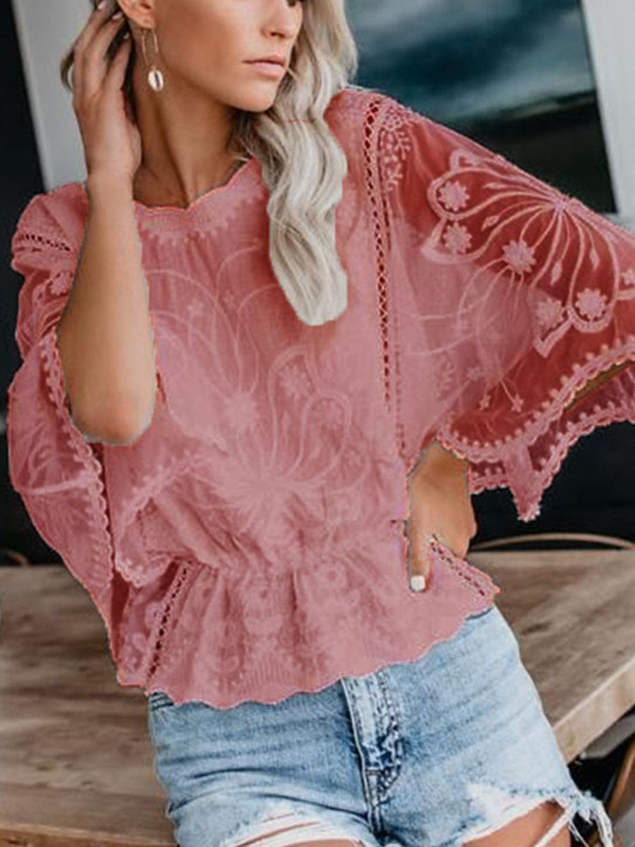 Lace Embroideried Chiffon Batwing Sleeves Blouse