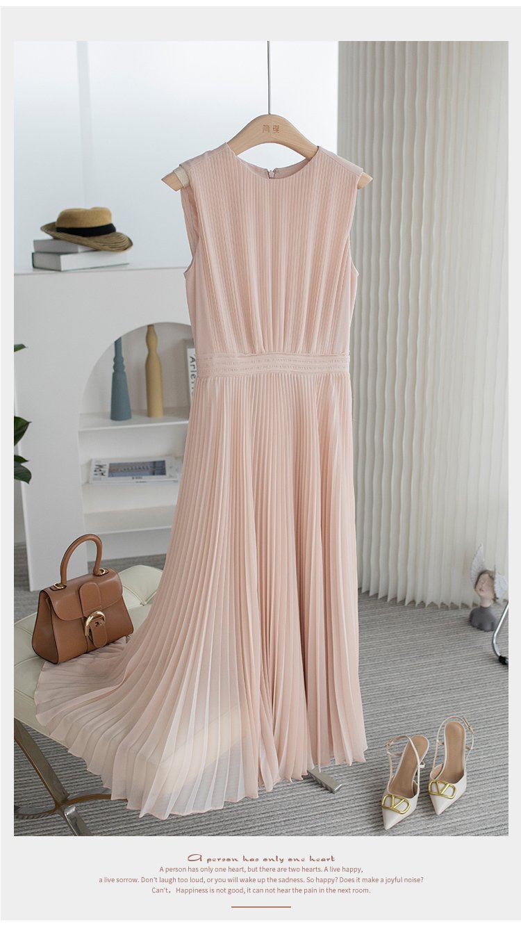 Gentle Pink Pleated Skirt High Waist Vest Dress