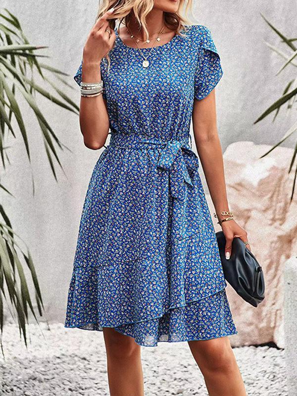 Round Neck Elegant Tie Waist Midi Dress