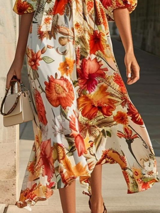 V Neck Printed Resort Midi Dress