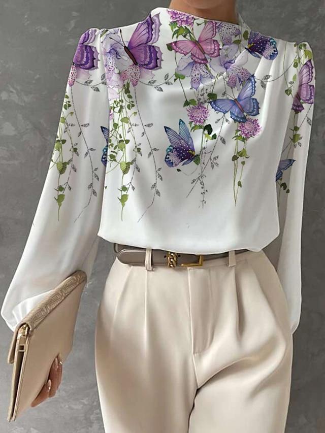 Half-high Neck Lantern Sleeve Printed Blouse