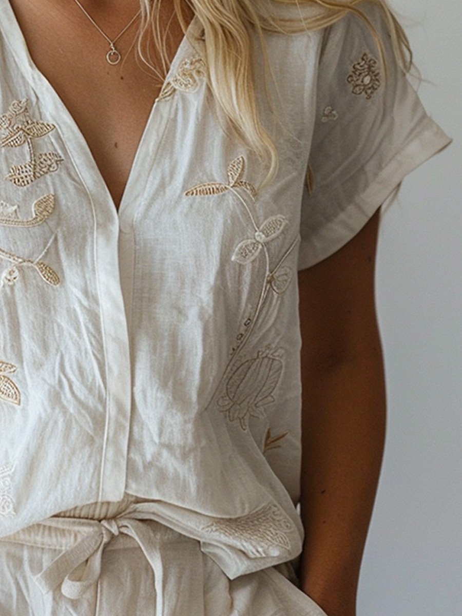 Cotton and Linen Embroidered V-Neck Short Sleeve Shirt