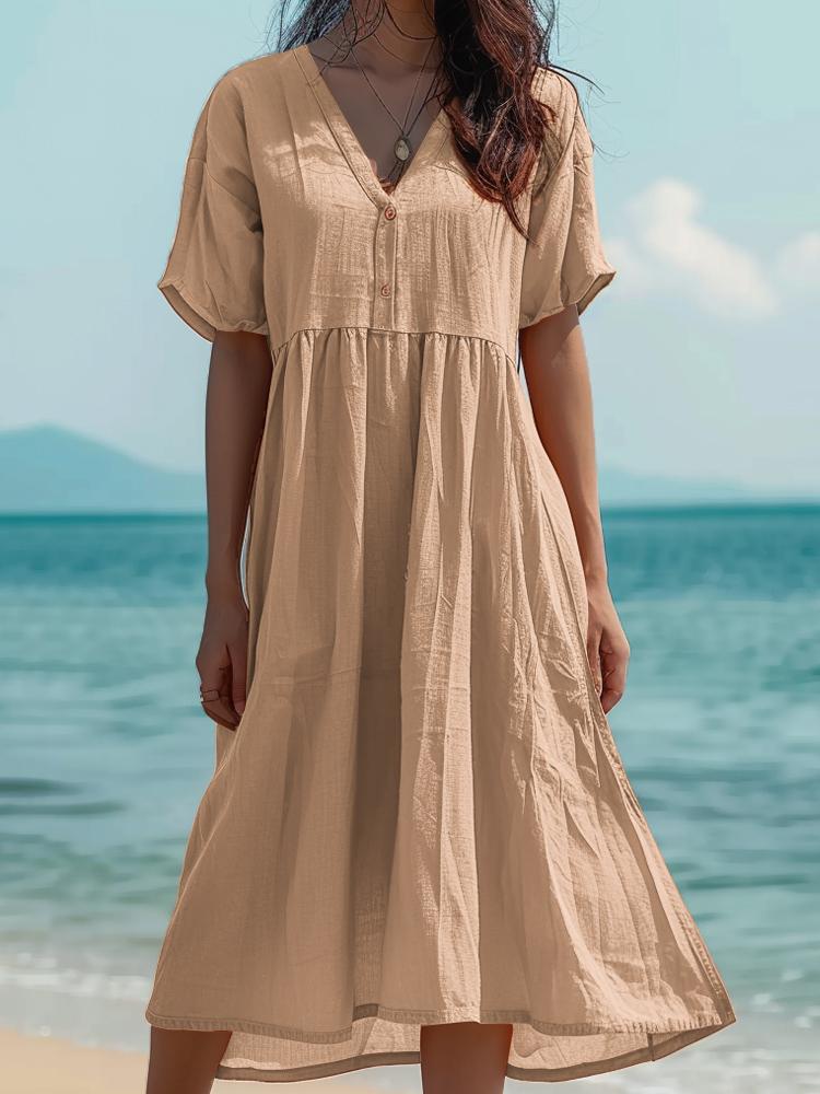 Half-buttoned Cotton and Linen Short Sleeves Dress