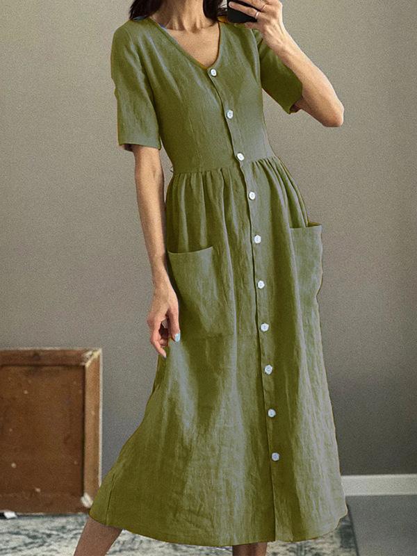 Cotton and Linen Solid Color Short Sleeve Midi Dress