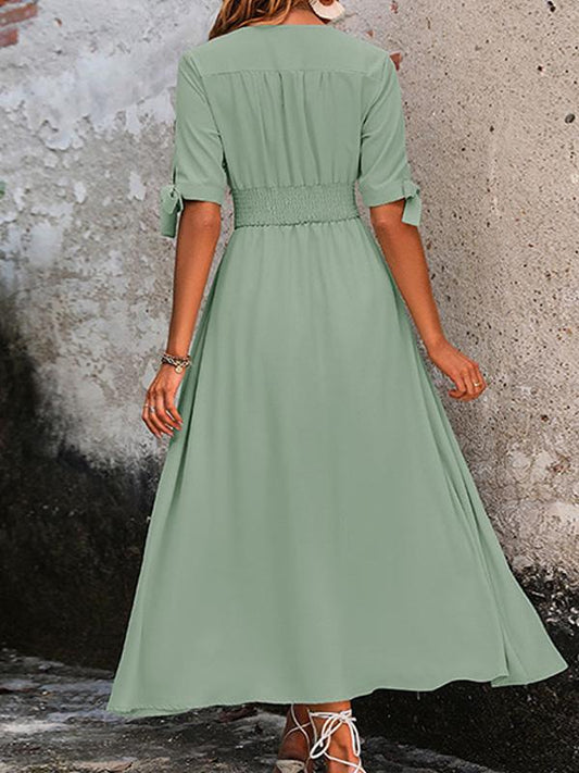 Elegant V-neck Solid Color Commuting Waist Long Dress 57985733