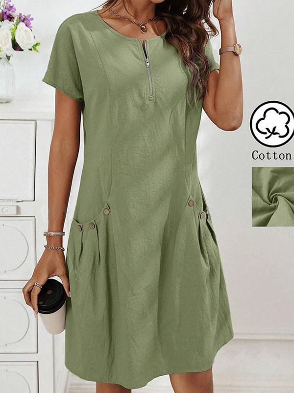 Cotton and Linen Slot Pocket Zipper Neck Short Sleeve Midi Dress