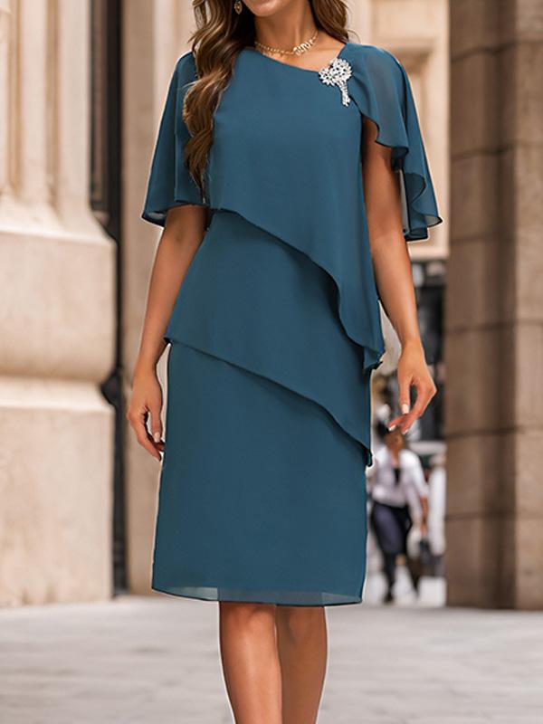 Blue Layered Cape Sleeve Asymmetric Neckline Shift Midi Dress