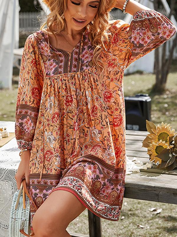 Bohemian Print Long-sleeved V-neck Tie Dress