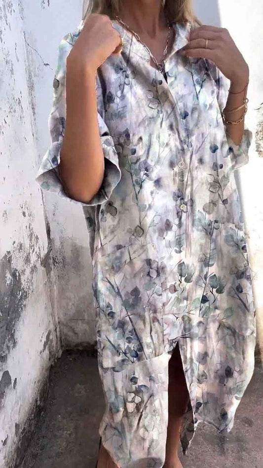 Women's Watercolor Floral Print Pocket Linen Dress