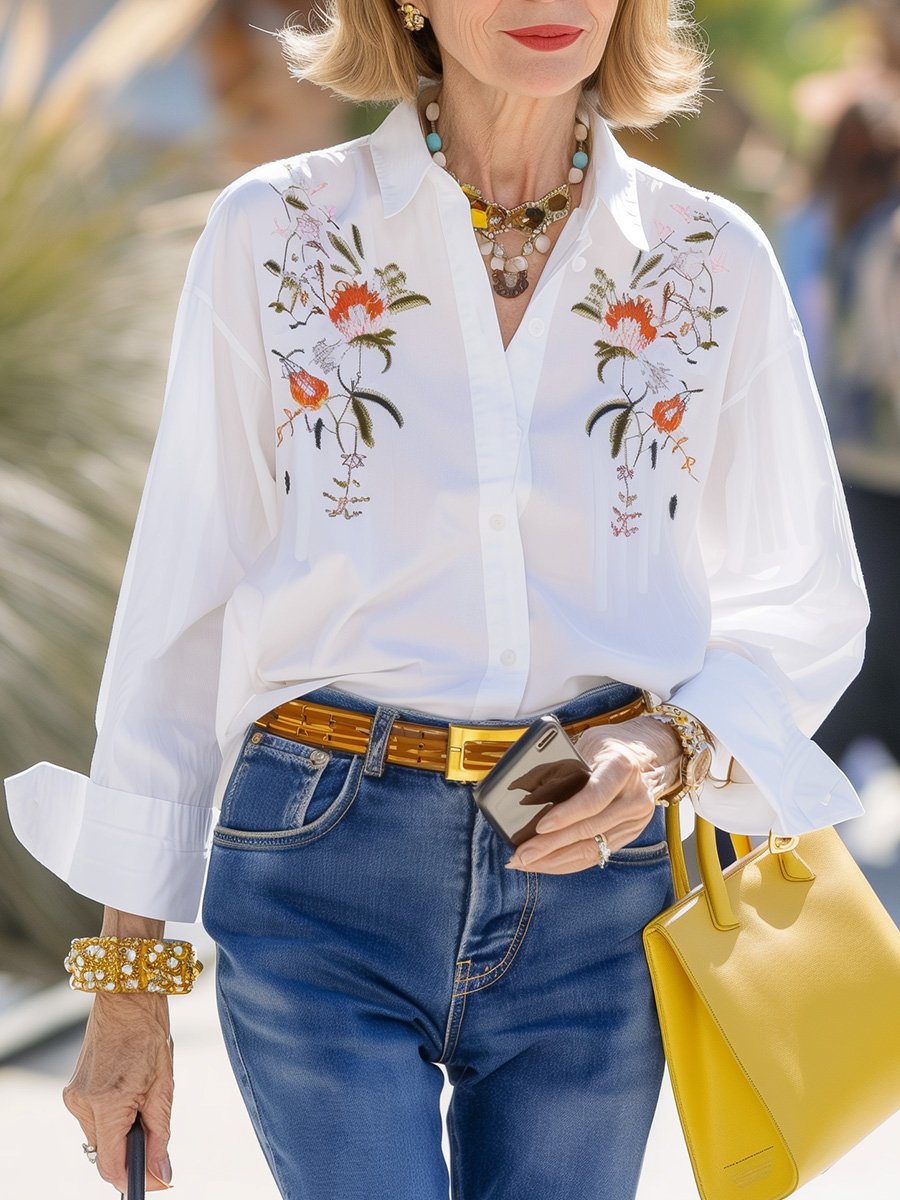 White Symmetrical Embroidered Long Sleeve Shirt